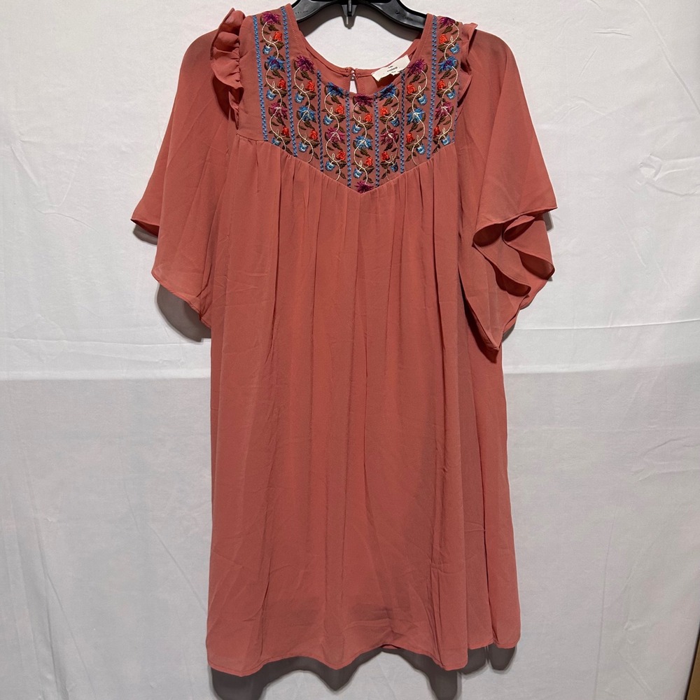 Entro Mini Dress Women Boho Floral Embroidered Flutter Sleeve Pink Coral Large